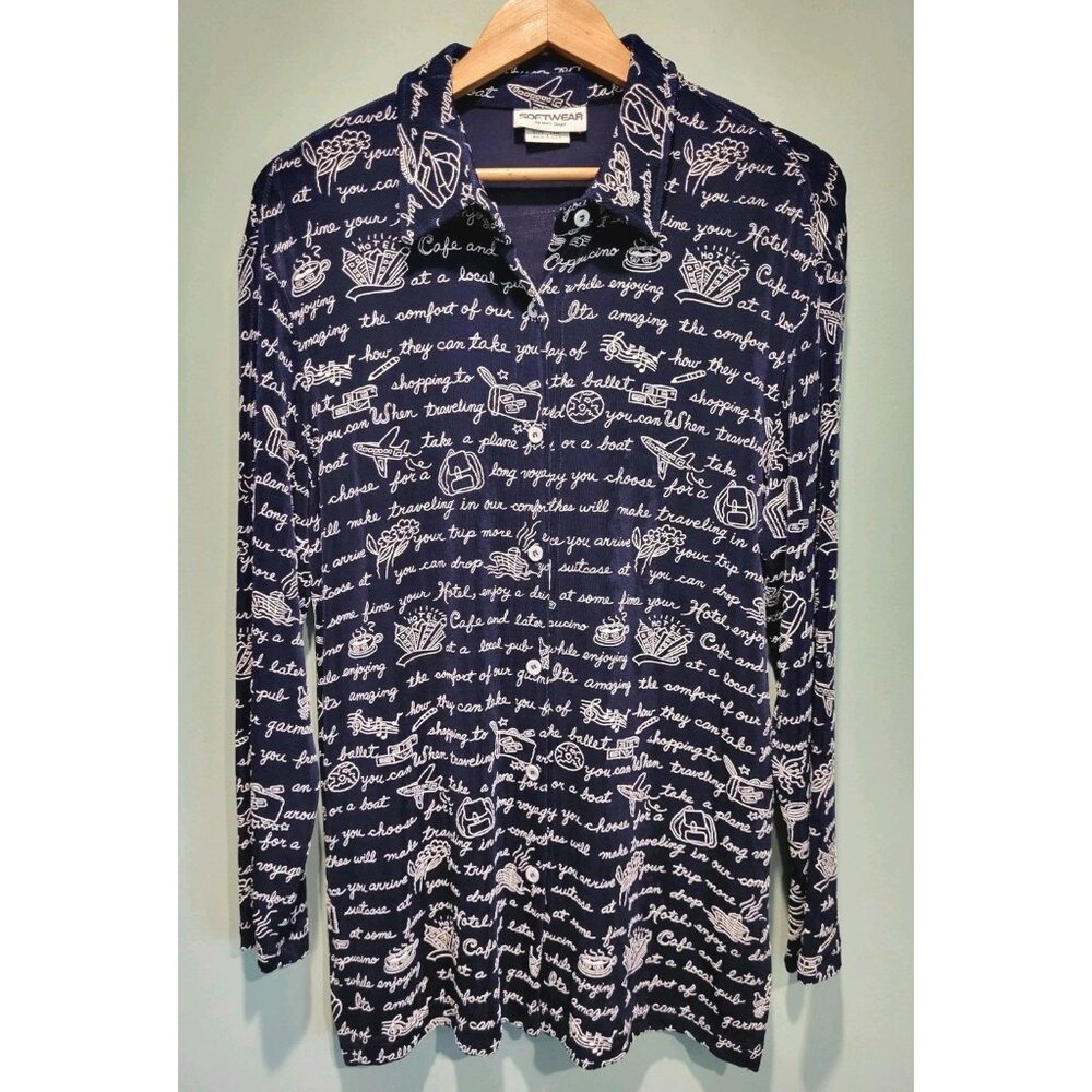 Vtg Softwear Mark Singer  Stretch Long Sleeve Travel Theme Button Up Tunic Top L